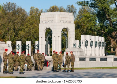 Washington DC USA - October 26 2014: Members Of Military In Comouflage Uniform And Orange Berets Visiting Atlantic Monument In National Mall In Washington DC.