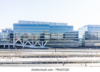 Washington DC, USA - October 27, 2017: Aerial View Of Union Station Train Tracks In Capital City With Securities And Exchange Commission Building Or SEC