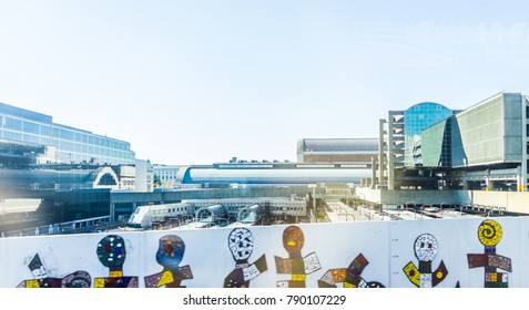 Washington DC, USA - October 27, 2017: View Of Union Station Train Tracks In Capital City With Securities And Exchange Commission Building Or SEC