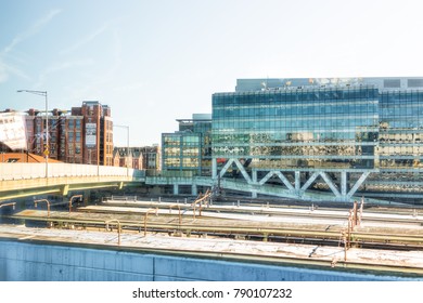 Washington DC, USA - October 27, 2017: Aerial View Of Union Station Train Tracks In Capital City With Securities And Exchange Commission Building Or SEC