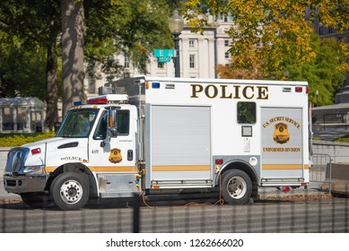 Washington, DC, USA - October, 31, 2018: US Secret Service Uniformed Division. Police Truck Parked On The Street. 