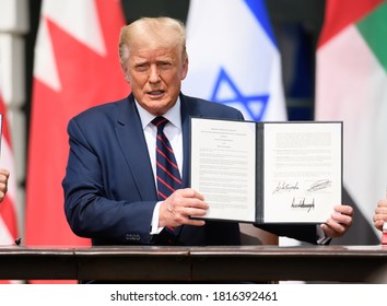 Washington DC, USA - September 15, 2020: President Donald Trump Participates In The Signing Ceremony Of The Abraham Accords  Between Israel, UAE And Bahrain At The White House In Washington, DC.  