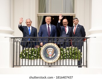 Washington DC, USA - September 15, 2020: Benjamin Netanyahu, Donald Trump, Abdullatif Bin Rashid Al Zayani, And Abdullah Bin Zayed Al Nahyan Attend The Abraham Accords Ceremony In The White House. 