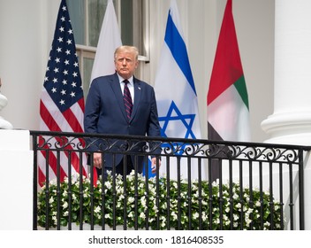 Washington DC, USA - September 15, 2020: President Donald Trump Participates In The Signing Ceremony Of The Abraham Accords  Between Israel, UAE And Bahrain At The White House In Washington, DC.  