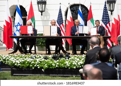 Washington DC, USA - September 15, 2020: Benjamin Netanyahu, Donald Trump, Abdullatif Bin Rashid Al Zayani, And Abdullah Bin Zayed Al Nahyan Attend The Abraham Accords Ceremony In The White House. 