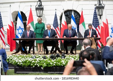 Washington DC, USA - September 15, 2020: Benjamin Netanyahu, Donald Trump, Abdullatif Bin Rashid Al Zayani, And Abdullah Bin Zayed Al Nahyan Attend The Abraham Accords Ceremony In The White House. 