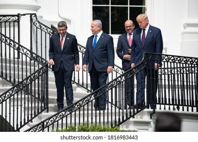 Washington DC, USA - September 15, 2020: Benjamin Netanyahu, Donald Trump, Abdullatif Bin Rashid Al Zayani, And Abdullah Bin Zayed Al Nahyan Attend The Abraham Accords Ceremony In The White House. 