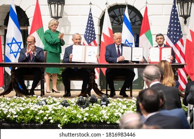 Washington DC, USA - September 15, 2020: Benjamin Netanyahu, Donald Trump, Abdullatif Bin Rashid Al Zayani, And Abdullah Bin Zayed Al Nahyan Attend The Abraham Accords Ceremony In The White House. 