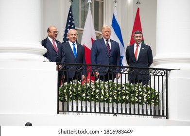 Washington DC, USA - September 15, 2020: Benjamin Netanyahu, Donald Trump, Abdullatif Bin Rashid Al Zayani, And Abdullah Bin Zayed Al Nahyan Attend The Abraham Accords Ceremony In The White House. 