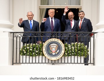 Washington DC, USA - September 15, 2020: Benjamin Netanyahu, Donald Trump, Abdullatif Bin Rashid Al Zayani, And Abdullah Bin Zayed Al Nahyan Attend The Abraham Accords Ceremony In The White House. 