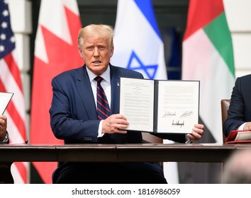 Washington DC, USA - September 15, 2020: President Donald Trump Participates In The Signing Ceremony Of The Abraham Accords  Between Israel, UAE And Bahrain At The White House In Washington, DC.  