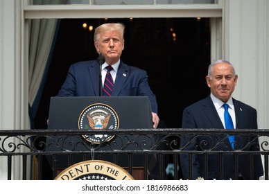 Washington DC, USA - September 15, 2020: President Donald Trump And Prime Minister Benjamin Netanyahu Attend The Signing Ceremony Of The Abraham Accords At The White House In Washington, DC.