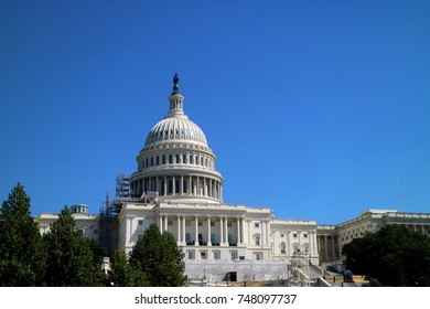 Washington DC, USA, September 2016: Capitol Hill Undergoing Renovation, Is The Seat Of The US Government, Home To The US Capitol, Senate, Houses Of Representatives And The Neoclassical Supreme Court. 