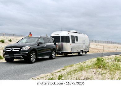 WASHINGTON DC, USA - SEPTEMBER 24, 2018: An Airstream Sport travel trailer parked at a campground.