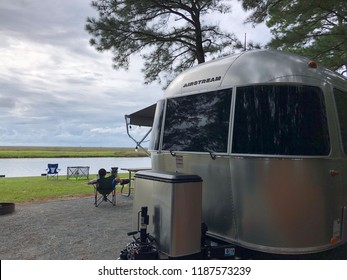 WASHINGTON DC, USA - SEPTEMBER 24, 2018: An Airstream Sport Travel Trailer Parked At A Campground.