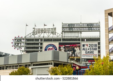 Washington DC, USA - September 24, 2016: Nationals Park Building Stadium With Sign And Flags On Overcast Day In Downtown