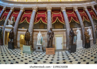 WASHINGTON DC, USA - SEPTEMBER 4, 2018: Large Angle View At Interior Of Statuary Hall In The US Capitol Building.