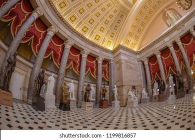 WASHINGTON DC, USA - SEPTEMBER 4, 2018: Large Angle View At Interior Of Statuary Hall In The US Capitol Building.