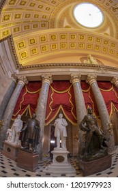 WASHINGTON DC, USA - SEPTEMBER 4, 2018: Large Angle View At Interior Of Statuary Hall In The US Capitol Building.