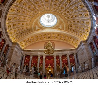 WASHINGTON DC, USA - SEPTEMBER 4, 2018: Large Angle View At Interior Of Statuary Hall In The US Capitol Building.