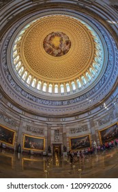 WASHINGTON DC, USA - SEPTEMBER 4, 2018: Interior Of The Washington Capitol Hill Dome. Rotunda With Tourists.