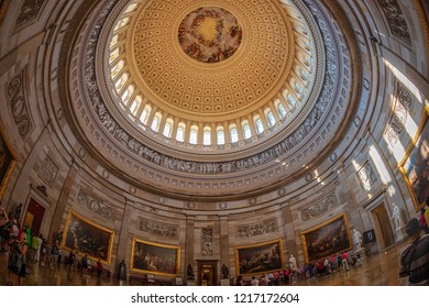 WASHINGTON DC, USA - SEPTEMBER 4, 2018: Interior Of The Washington Capitol Hill Dome. Rotunda With Tourists.