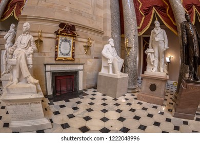 WASHINGTON DC, USA - SEPTEMBER 4, 2018: Large Angle View At Interior Of Statuary Hall In The US Capitol Building.