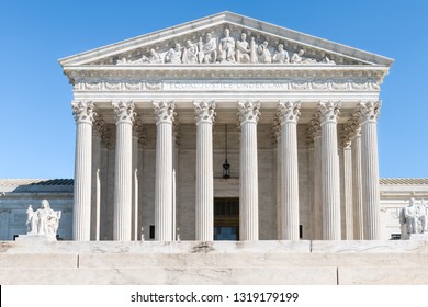 Washington DC, USA Steps Stairs Of Supreme Court Marble Building Entrance Architecture On Capital Capitol Hill With Columns Pillars