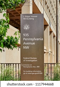 Washington DC, USA-June 5, 2018: J. Edgar Hoover FBI Building Sign