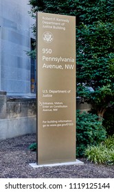 Washington DC, USA-June 5, 2018: Robert F Kennedy Department Of Justice Building Sign