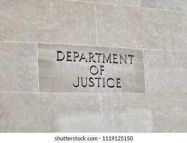 Washington DC, USA-June 5, 2018: Robert F Kennedy Department Of Justice Building Sign On Stone Wall