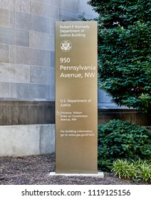 Washington DC, USA-June 5, 2018: Robert F Kennedy Department Of Justice Building Sign