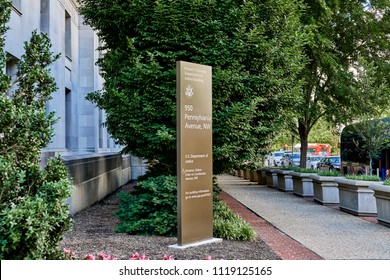 Washington DC, USA-June 5, 2018: Robert F Kennedy Department Of Justice Building Sign