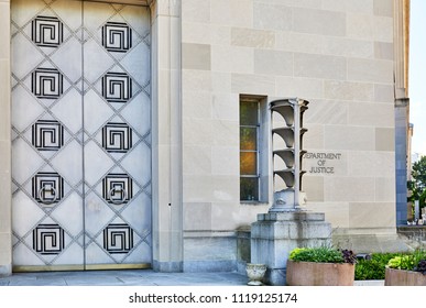 Washington DC, USA-June 5, 2018: Robert F Kennedy Department Of Justice Building Entrance Door On Side Of Building