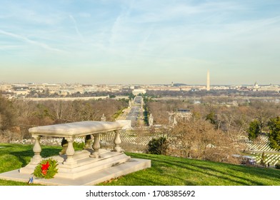 Washington DC, VA, USA - Dec 27th 2014: Washington DC Aerial View From Arlington Cemetery. Famous USA Capital Skyline On A Sunny Day Of Winter