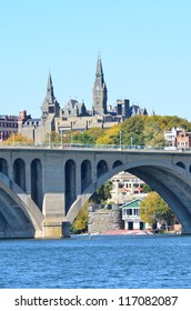 Washington DC, A View From Georgetown And Key Bridge In Autumn