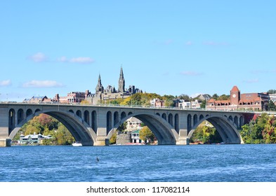 Washington DC, A View From Georgetown And Key Bridge In Autumn