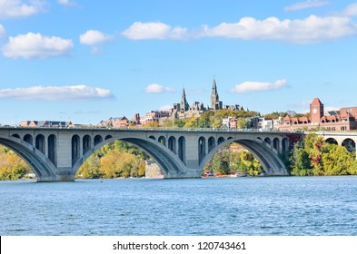 Washington DC, A View From Georgetown And Key Bridge In Autumn