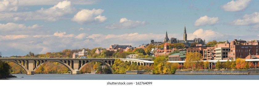 Washington DC, A View From Georgetown And Key Bridge In Autumn 