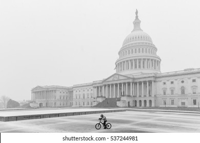 Washington DC In Winter - Capitol Building In Snow Blizzard