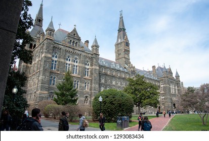 Washington D.C./United States- 03/24/2016: College Students Walk Across The Historic Campus Of Georgetown University.