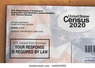 Washington, DC/United States - July 8, 2019: 2020 U.S. Census Sample Mailing Form With American Flag