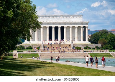 WASHINGTON D.C.,USA - AUGUST 14, 2016 : Tourists at the Lincoln Memorial in Washington D.C.