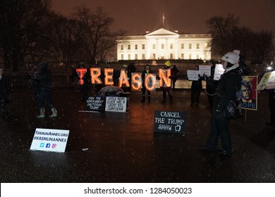 Washington, DC/USA – January 12, 2019: The dedicated #KremlinAnnex protesters addressing Treason on their 181st consecutive night of demonstrating at the White House against Donald Trump. 