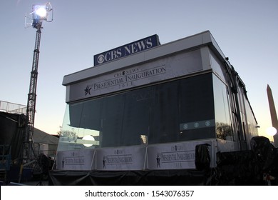 Washington, DC/USA - January 19, 2013: CBS News Booth At The National Mall In Preparation For Broadcasting Of The President's Inauguration Ceremony