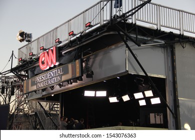 Washington, DC/USA - January 19, 2013: CNN Booth At The National Mall In Preparation For Broadcasting Of The President's Inauguration Ceremony
