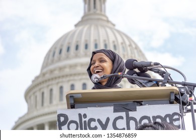 Washington D.C./USA- March 15th, 2019: U.S. Congresswomen Ilhan Omar Speaking At The 2019 Climate Strike In Front Of The U.S. Capital Building. 