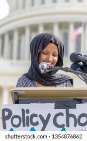 Washington D.C./USA- March 15th, 2019: U.S. Congresswomen Ilhan Omar Speaking At The 2019 Climate Strike In Front Of The U.S. Capital Building. 