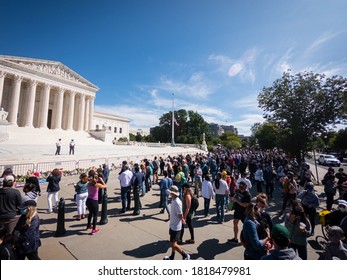 Washington, D.C./USA- September 19 2020: A Overhead Photo Of The Crowd Of People Gathered Outside The Supreme Court To Pay Their Respects To Ruth Bader Ginsburg.