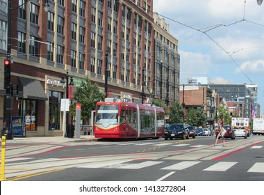 Washington, DC/USA-July 5, 2016: A Union Station-bound Streetcar Travels West On H St., N.E.                             